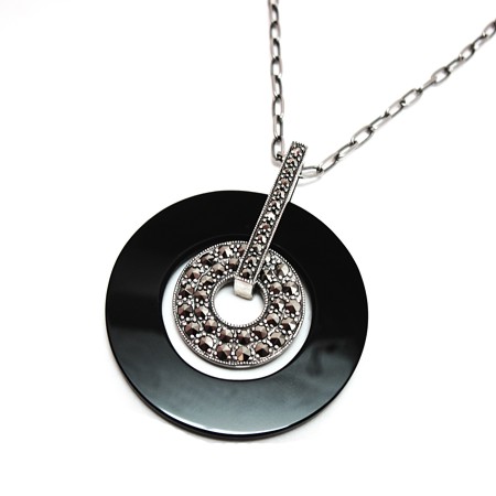 Black Onyx Circle with Marcasite Necklace - Click Image to Close